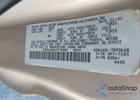 2001 Toyota Tacoma z USA, uszkodzony, nr VIN 5TENL42N41Z774699